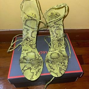 Lime green snakeskin lace up wedges with glass heel